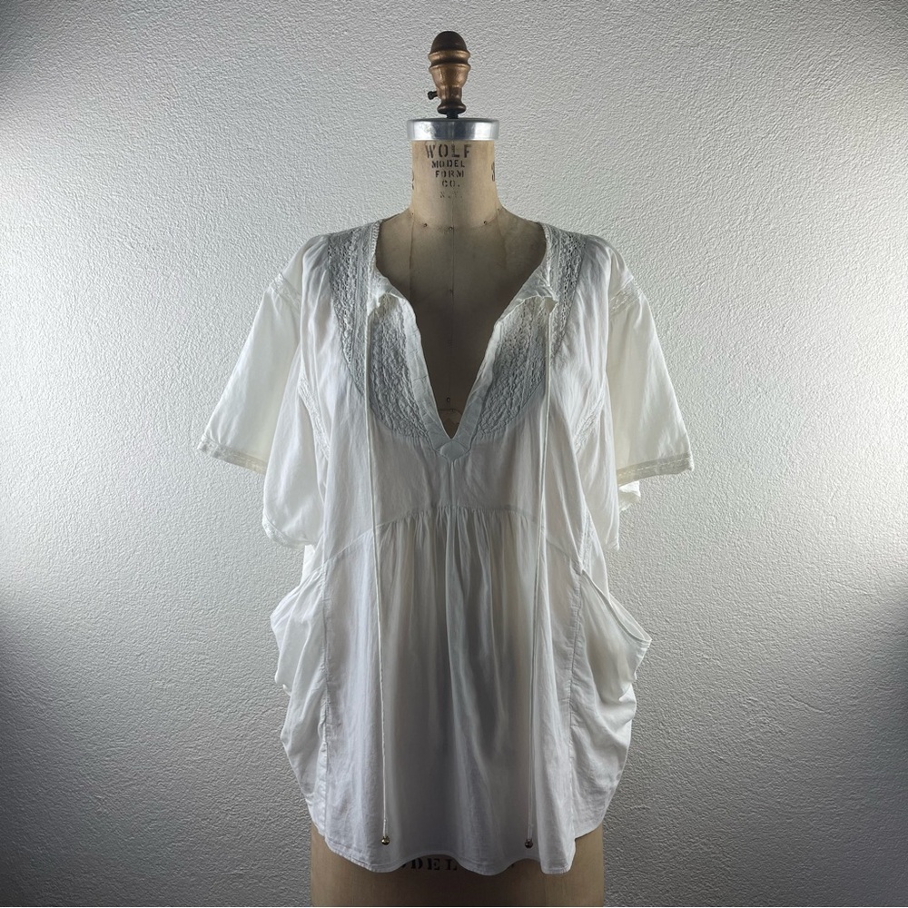 Anthropologie l XS Fei Oversized Cotton Voile Crochet Lace V-Neck Pockets Blouse
